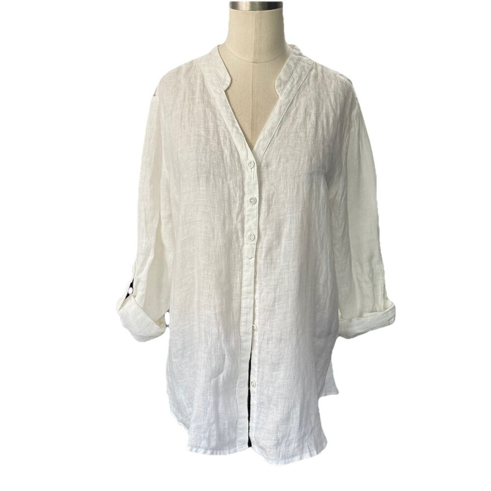 JM Collection Button Up Top Shirt Women Size 12 PETITE White Linen